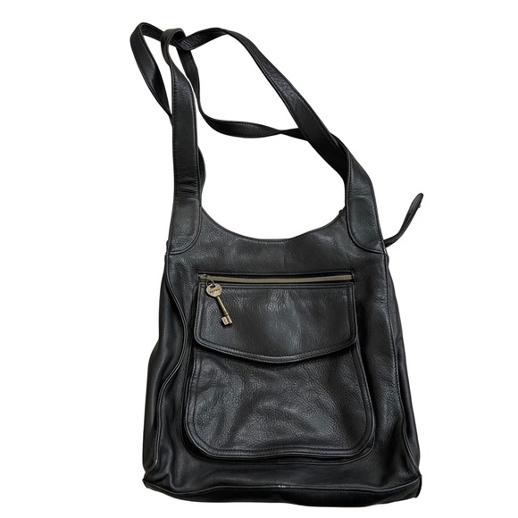Fossil Black Pebbled Leather Shoulder Bag 75082 purse tote boho hobo EUC KEY - Picture 1 of 8